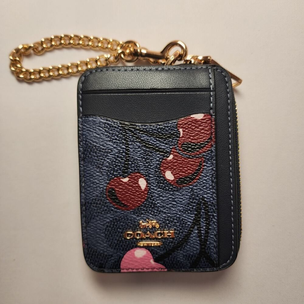 NWT Coach CZ468 Zip Card Case Signature Canvas Cherry Print Denim V2